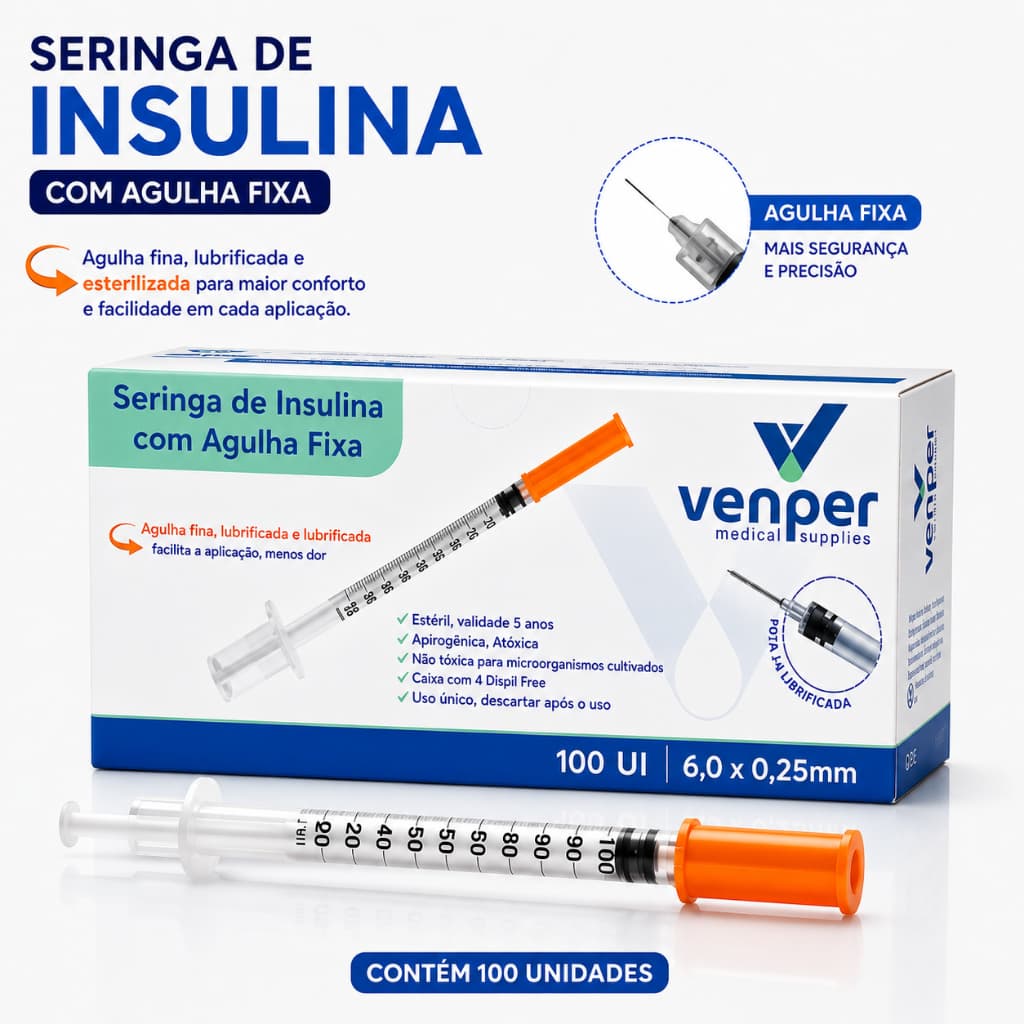 Seringa de Insulina 1ml C/Agulha Fixa 6x0,25mm C/100 Unidades Venper
