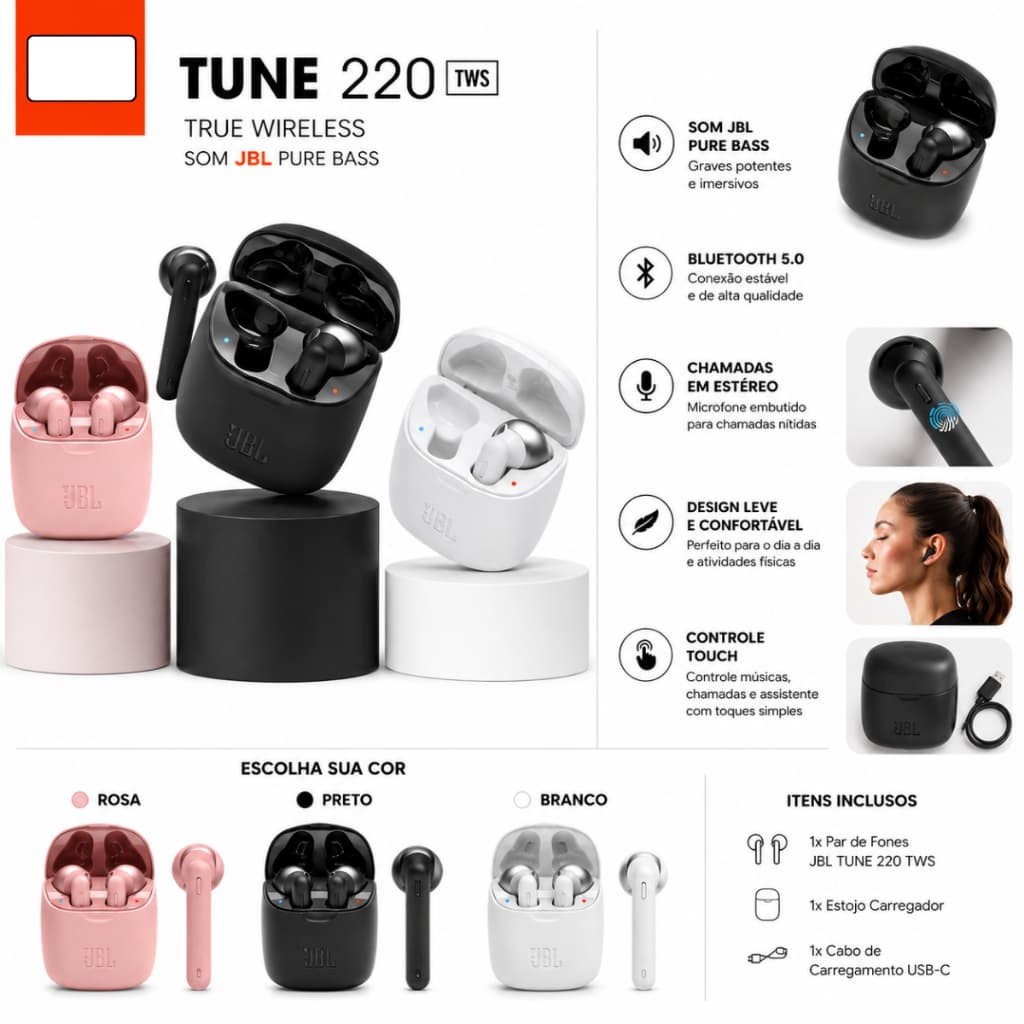 Fone de Ouvido Bluetooth Sem Fio TWS com Microfone Headphone Bluetooth Graves Potentes Várias Cores