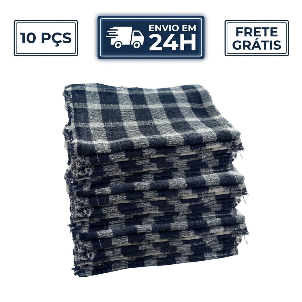 Kit 5, 10 ou 20 Panos De Chão Grande 42x62cm Saco Duplo 100% Algodão Xadrez Azul Alta Absorção Limpeza Pesada