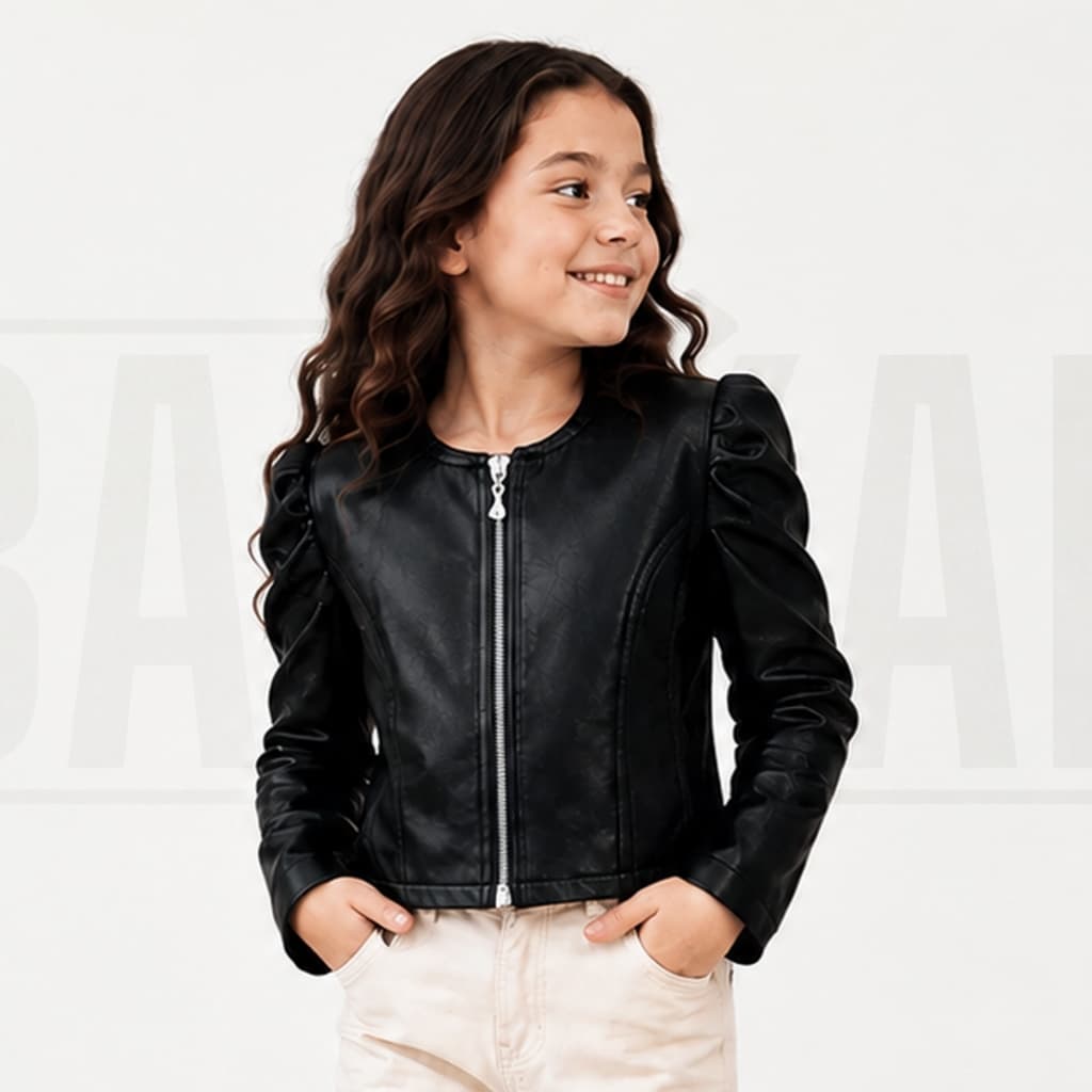Jaqueta Infantil Menina Courino Preta Manga Bufante Com Zíper 4 a 10 Anos Juvenil