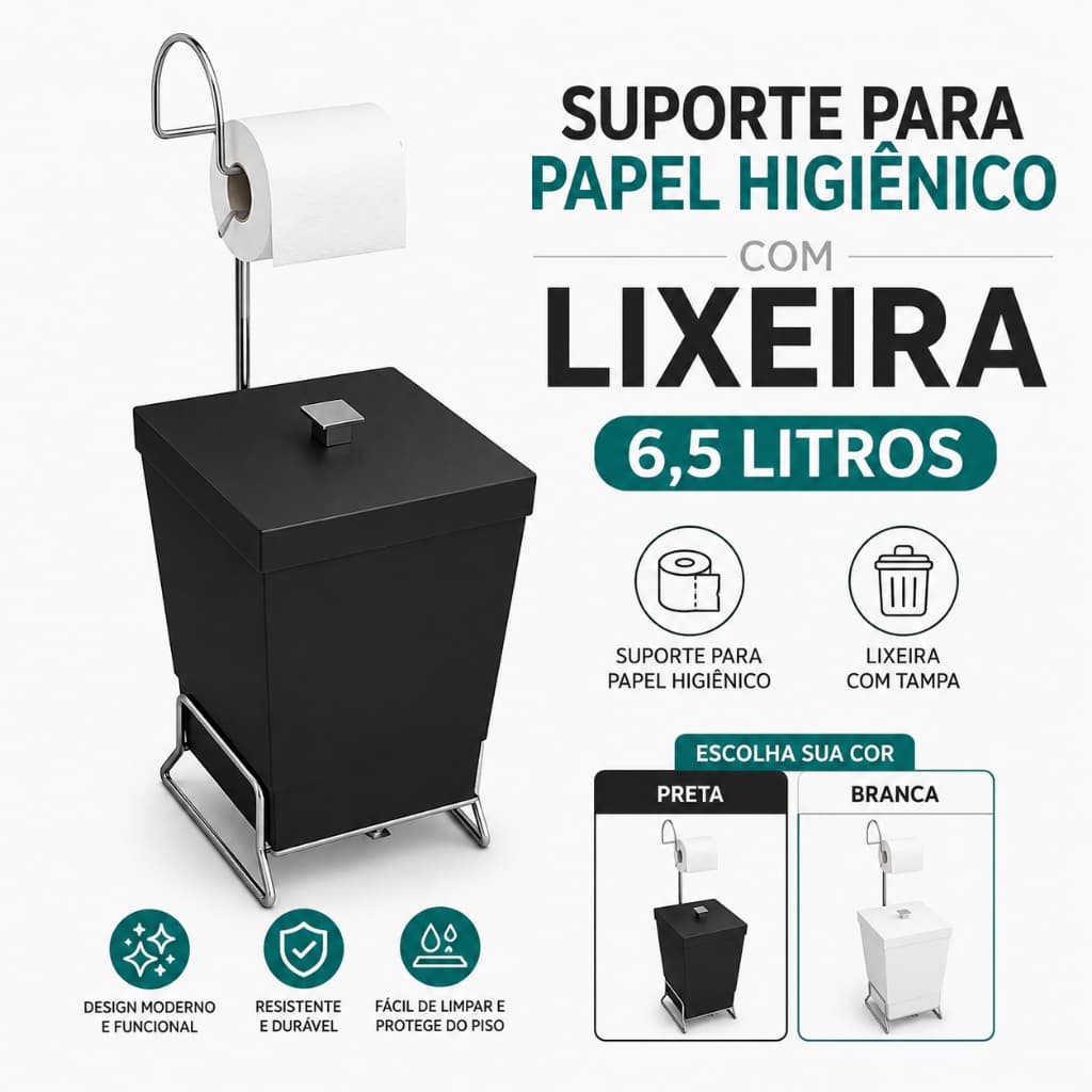 Suporte Papel Higiênico com Lixeira 6,5L Stolf Banheiro Organizador Preta ou Branca | Escolha a Cor