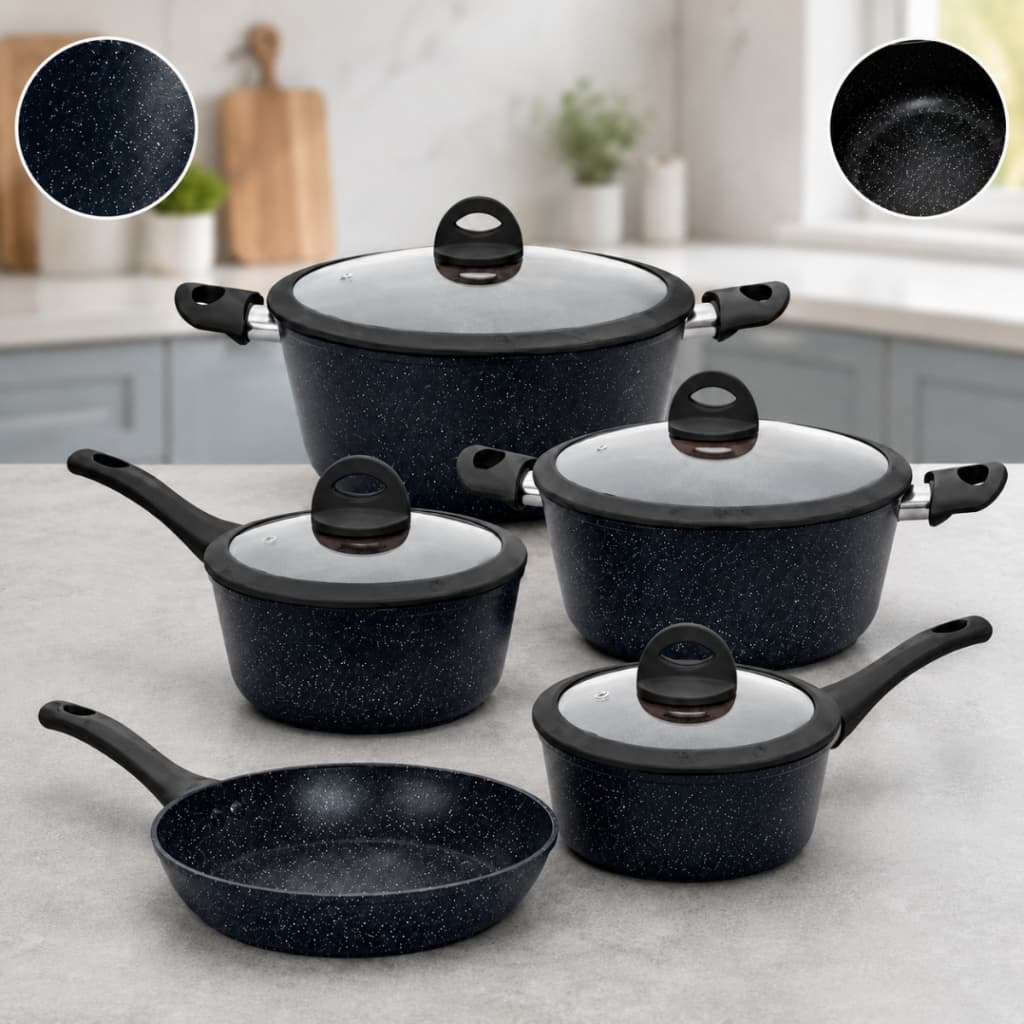 Jogo Panelas Ceramica Antiaderente 5 Pecas Inducao Gas Eletrico Tampa Vidro Temperado Preto Bege Chocolate Casambiente