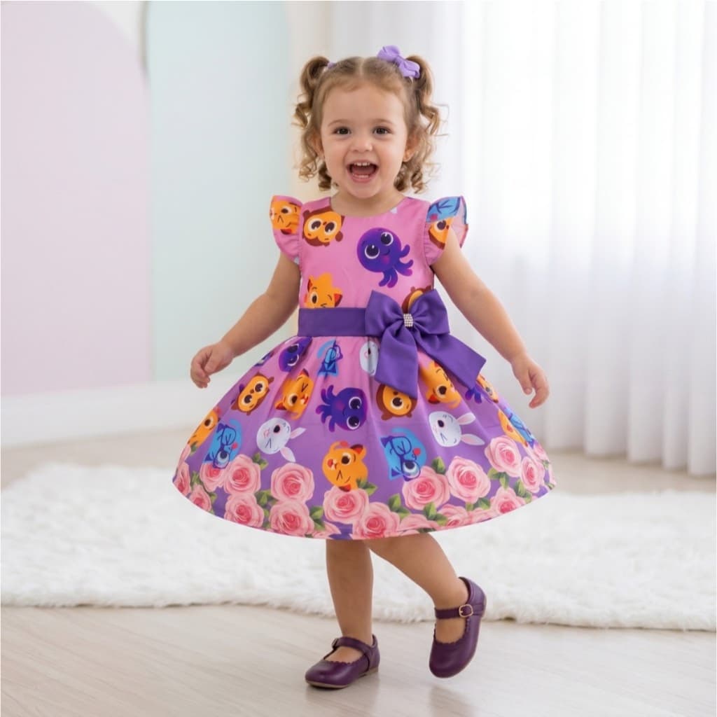 Vestido Infantil Menina 1 a 3 Anos Festa Rodado com Laço na Cintura Lindo e Elegante