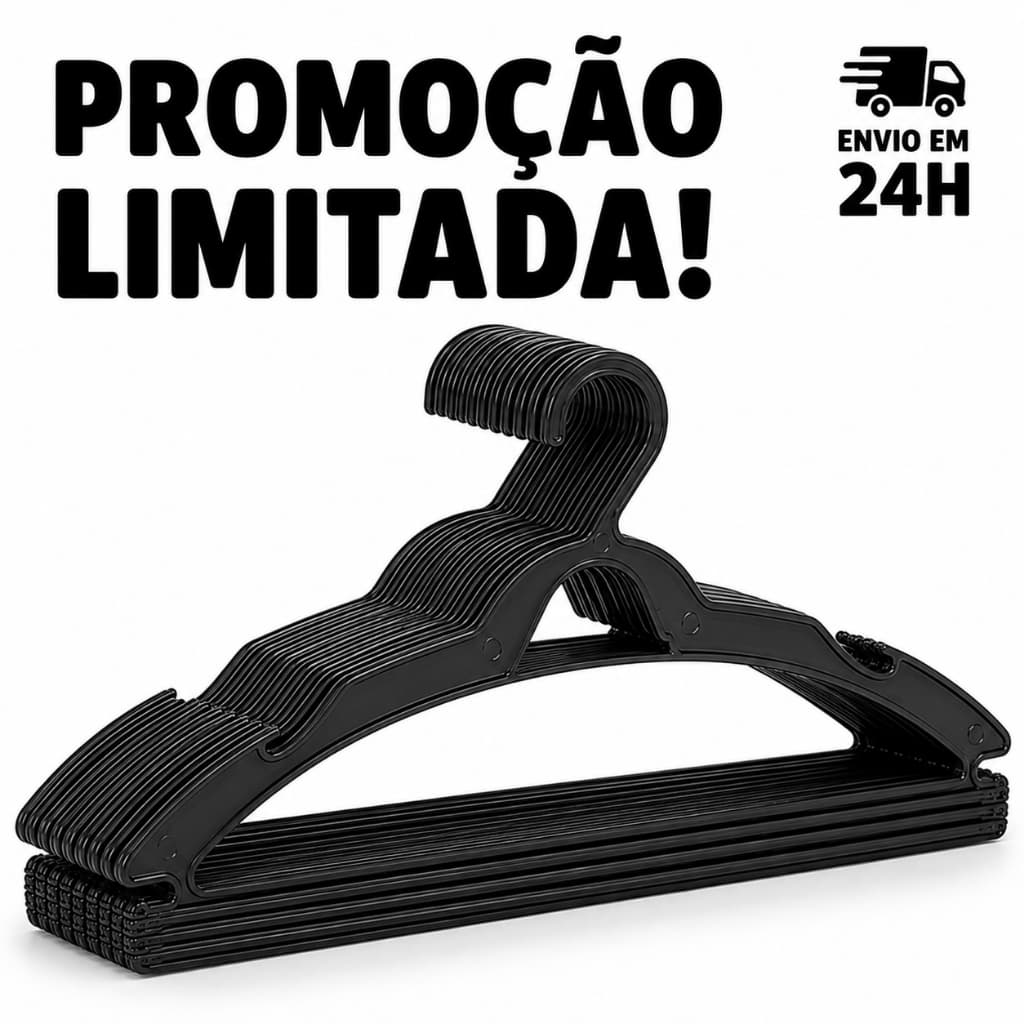 Kit 25 a 100 Cabides de roupa Adulto Preto Reforçado Organizador Roupas Arara Loja Varejo Atacado