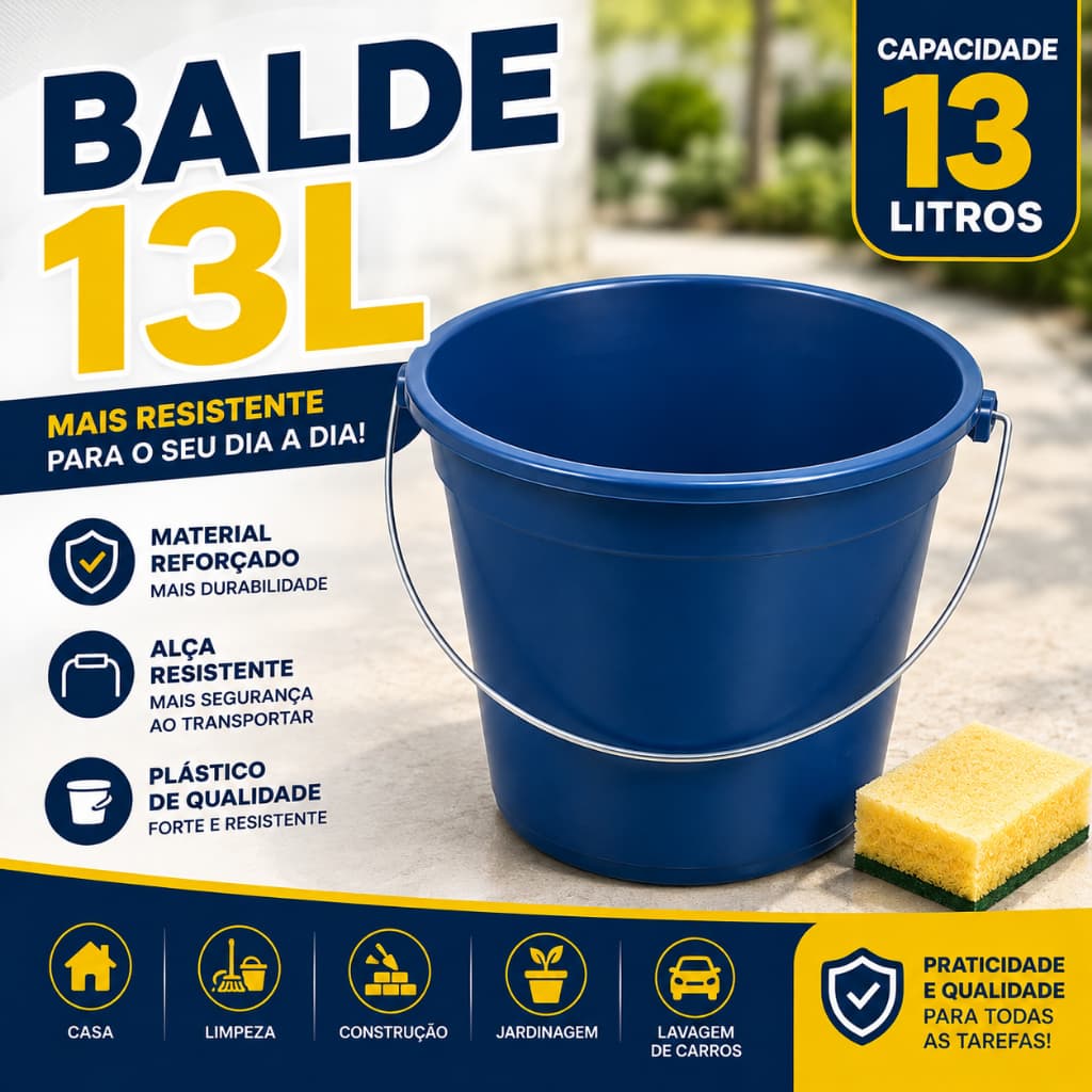 Balde Reforçado 13L Plástico Resistente Multiuso para Limpeza Obra Construção Kit 1 2 ou 3 Unidades