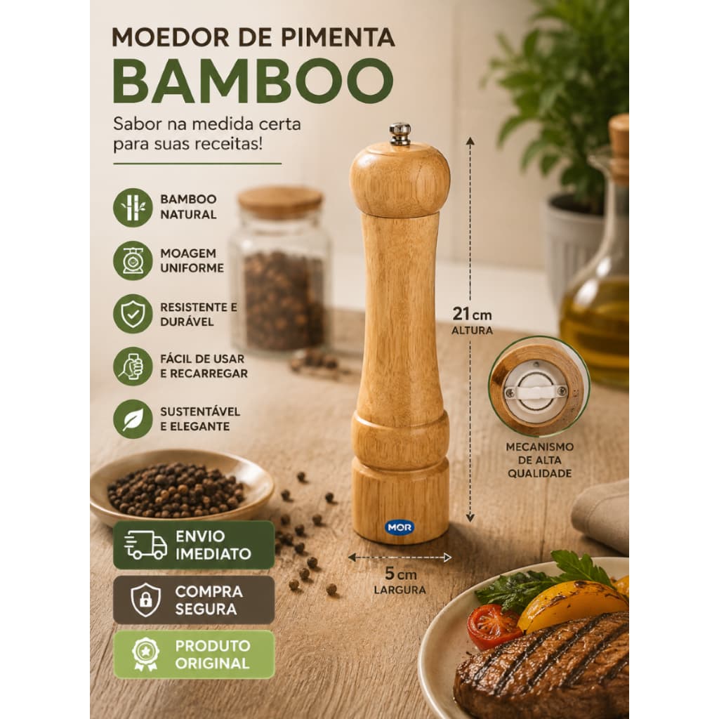 Moedor de Pimenta em Bambu 21Altura Grande e Pratico