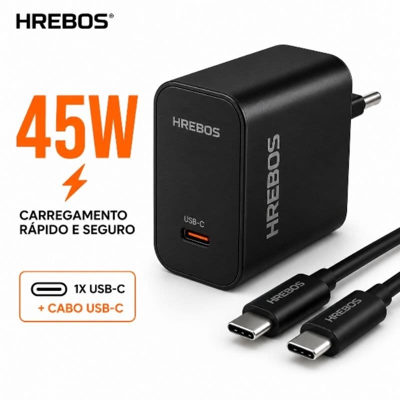 Carregador Hrebos H-Charge 45W USB-C + Cabo Dual Type-C Carregamento Rápido Preto