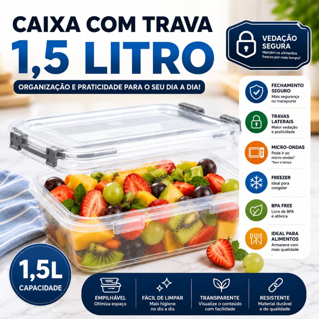 Pote Hermético 1,5L com Travas Tampa Transparente Organizador de Alimentos Cozinha