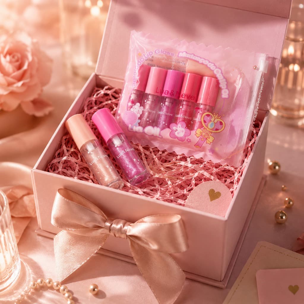 Kit 6 Lip Oils Hidratantes Gloss Labial Efeito Brilho com Necessaire Lua&Neve Presenteável