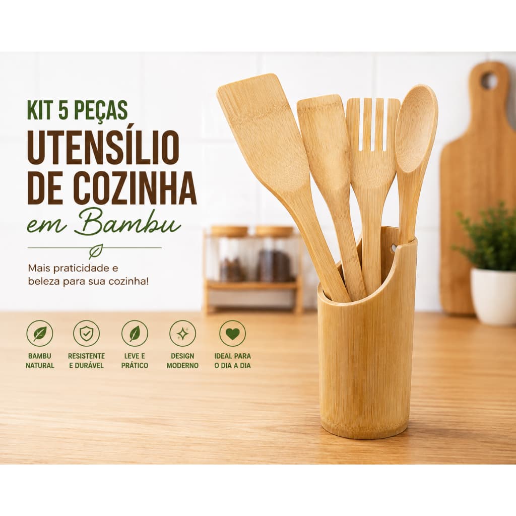 Kit 5 Pecas Utensilios Cozinha Bambu Suporte Colher Espatula Garfo