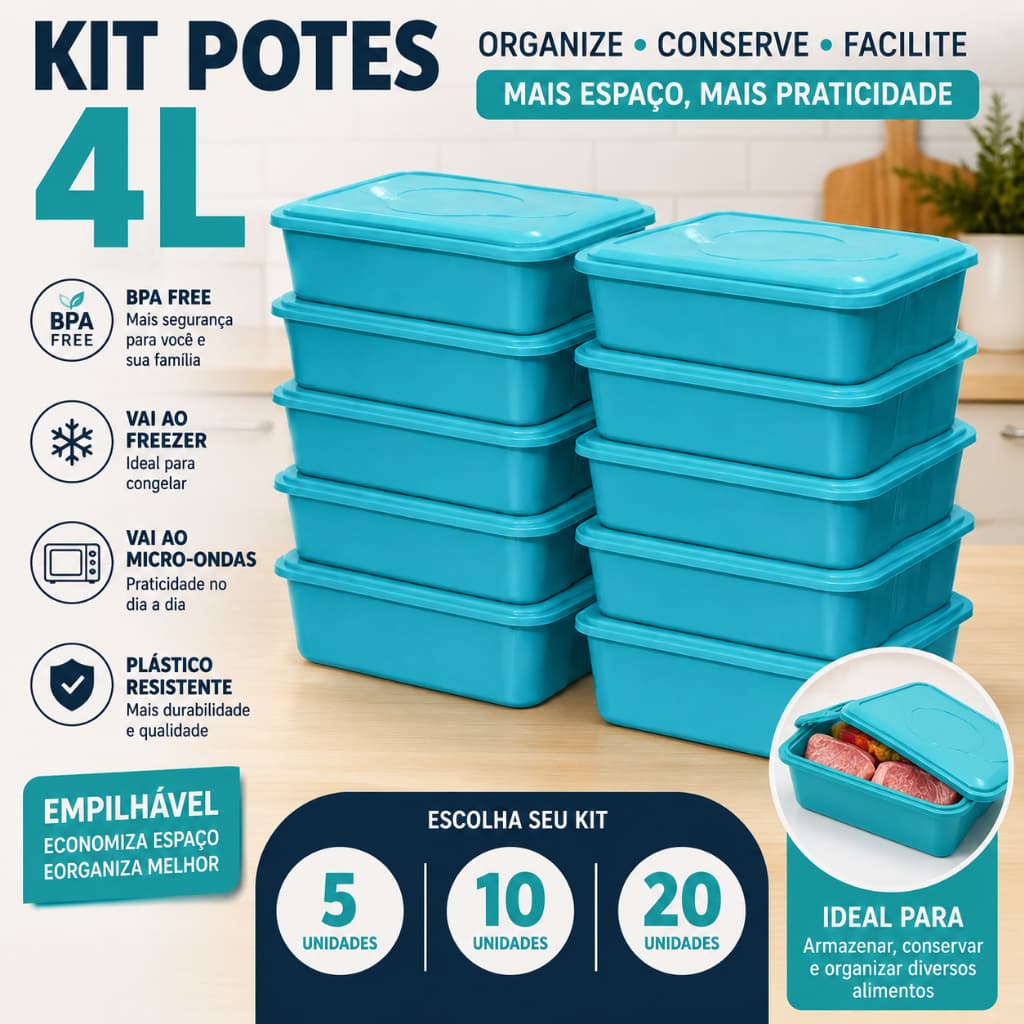 Kit Potes 4L Plástico Organizador Cozinha Mantimentos Marmita Empilhável com Tampa 5 10 20 Unidades