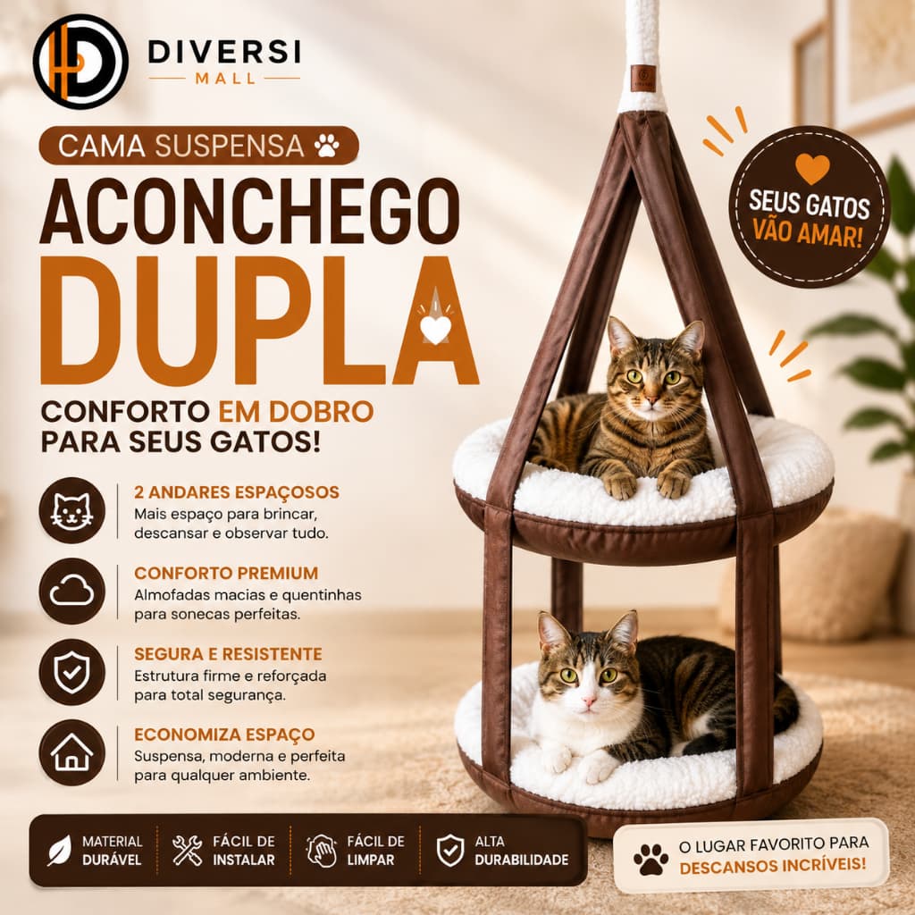 Cama Suspensa para Gatos Dupla Sherpa Aconchego | Cama de Gato 2 Andares | Rede Suspensa para Gatos | Cama Confortável