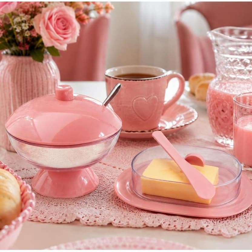 Kit Açucareiro com Colher + Manteigueira com Espátula Rosa  Kit de Cozinha Rosa