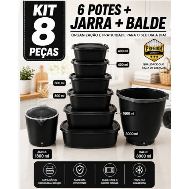 Kit 8 Peças Potes Herméticos Plásticos com Tampa 6 Potes + Jarra + Balde Organizador Cozinha Mantimentos Alimentos