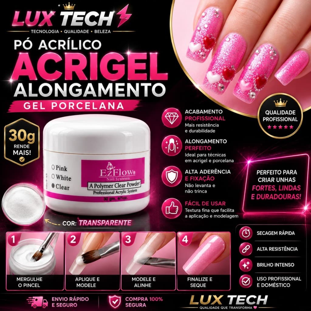 Po Acrilico Para Unha Acrigel Gel Porcelana Alongamento 30g Cor:Transparente