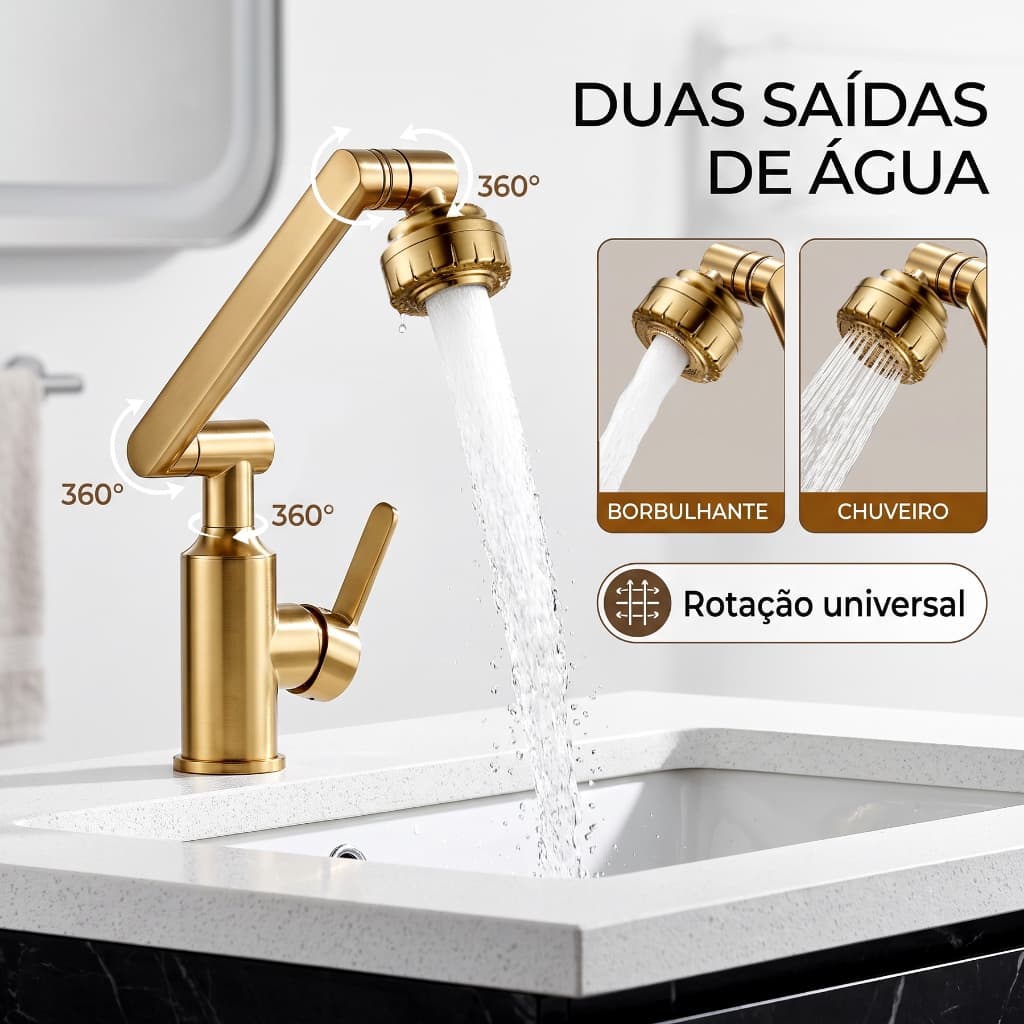 Torneira para Cozinha e Banheiro Rotativa 360°, Dois Modos de Jato, Instalação Simples