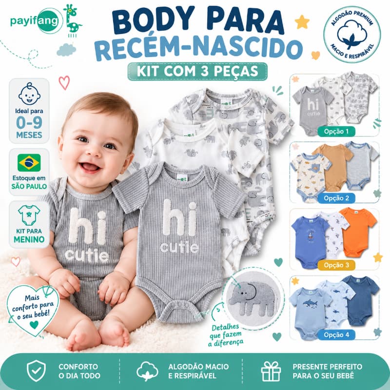 Payifang Kit Body Bebê Menino 0-9 Meses 100% Algodão Tubarão Barco Elefante Animais Listrado 3 Peças Roupa Bebê Infantil