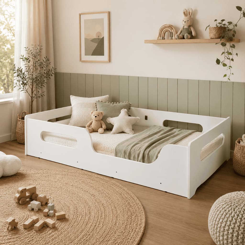 Montessori Cama Solteiro Infantil Para Colchão 88x188cm 100% MDF Com Grade De Proteção