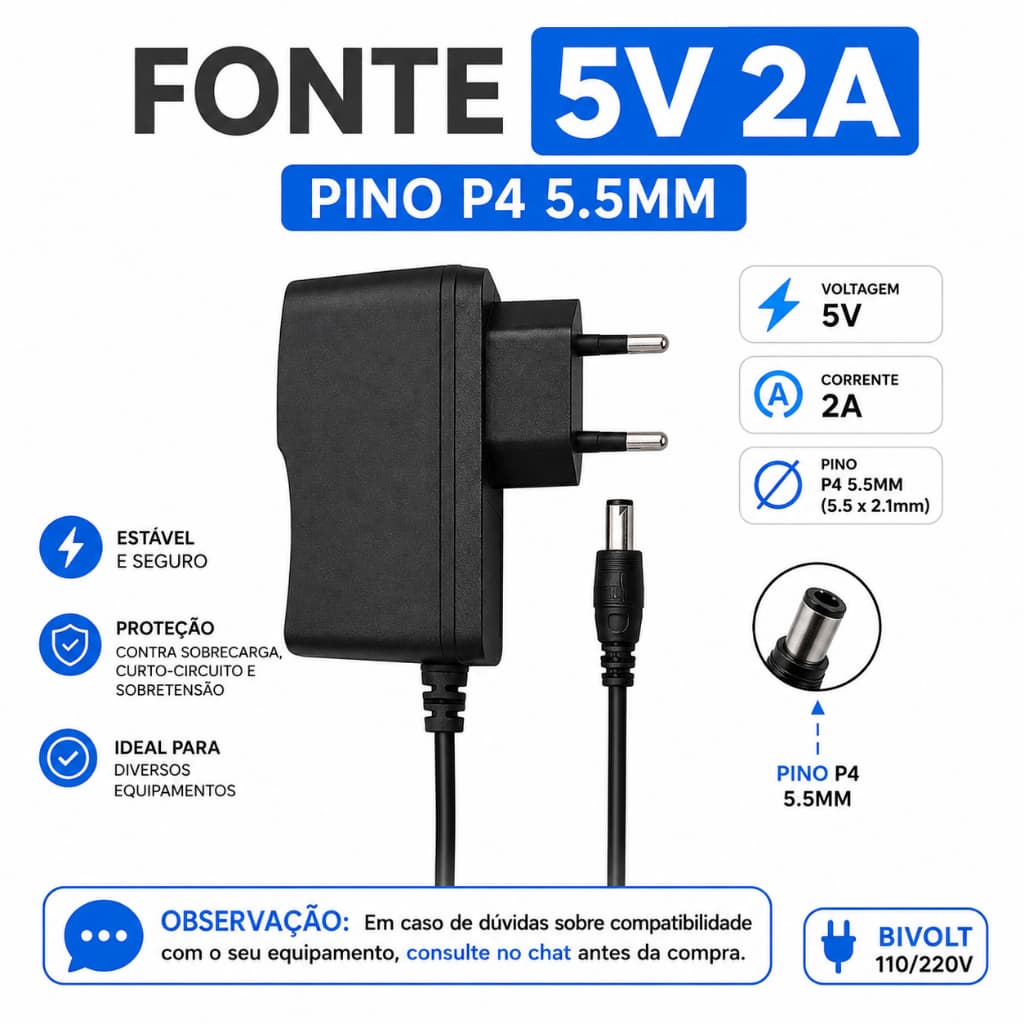 Fonte Alimentação 5V 2A Plug P4 Bivolt Para Box Tv Receptor TV Conversor