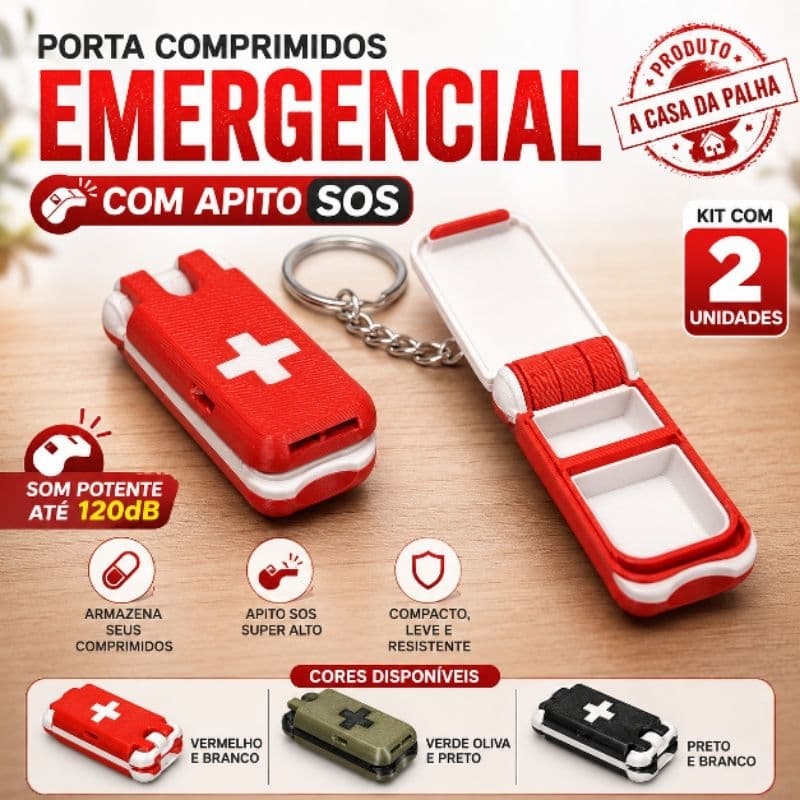 Porta Comprimidos Emergencial com Apito SOS Alto | Estojo Remédios Compacto Portátil Viagem Chaveiro Segurança