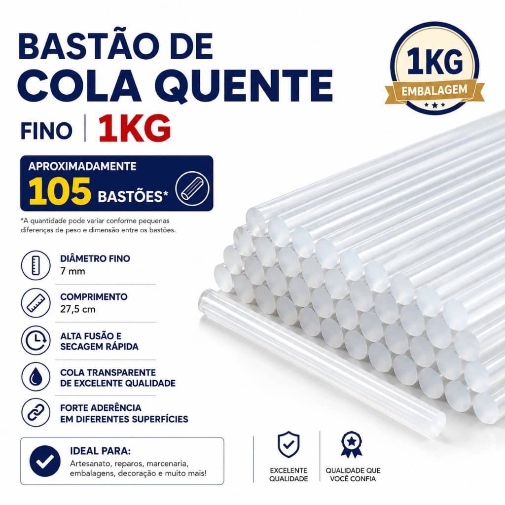 Bastão Cola Quente Refil Fina Transparente 7mm Pacote com 1kg
