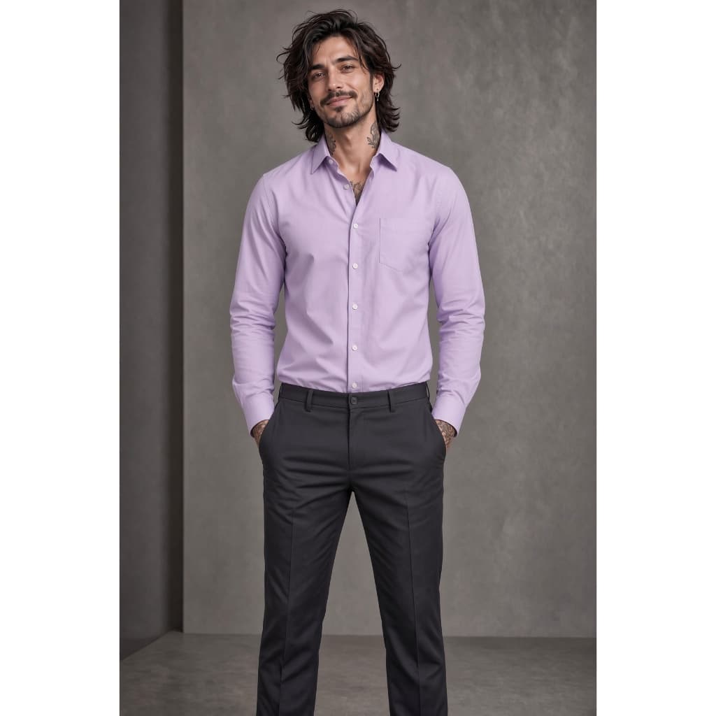 Camisa Social Masculina Manga Longa Lilás Lisa Microfibra com Elastano com Bolso Trabalho Uniforme Escritório