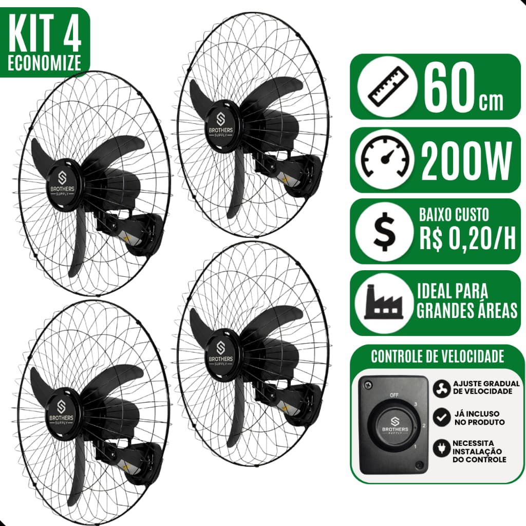 Kit 4 Ventilador de Parede 60cm Oscilante Bivolt Preto 200W Industrial Silencioso 3 Velocidades Loja Galpão