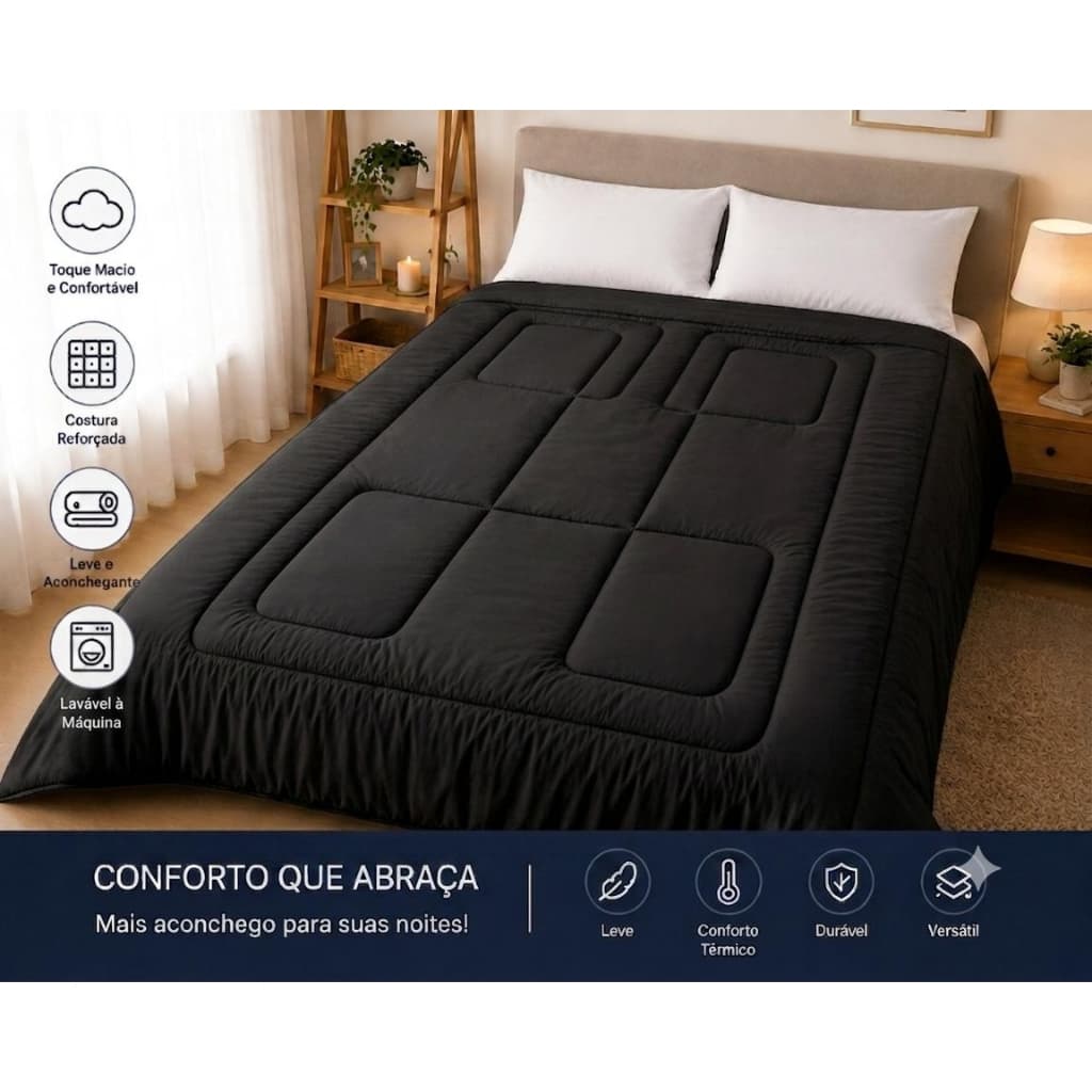 Edredom Preto Casal/Queen Para Cama 2,20m x 2,40m Micro Percal Dupla Face 400 Fios Toque Suave