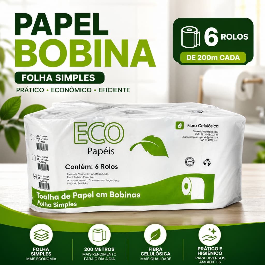 Papel Bobina 200m Folha Simples Branco ECO Papéis 6 Rolos