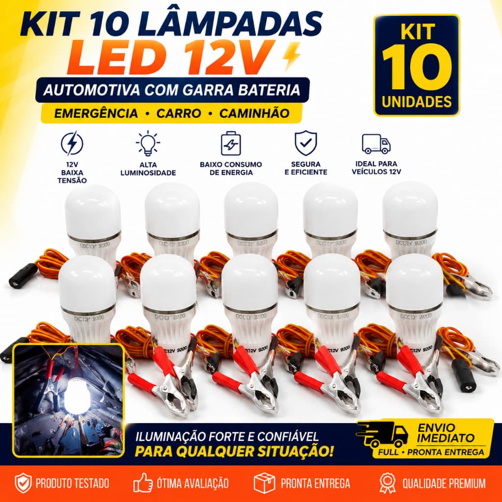 Kit 10 Lâmpadas LED 12V Automotiva Com Garra Bateria Emergência Carro Caminhão