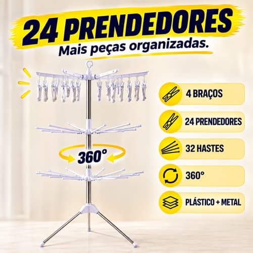 Varal de Chão Dobrável Giratório 4 Braços 24 Prendedores 32 Hastes para Roupas Pequenas