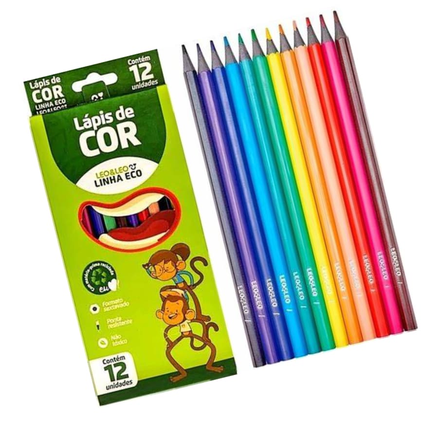 Lapis De Cor 12 Cores Eco Leo Leo Escolar Com 1 ou 2 Caixas