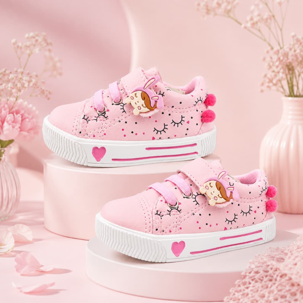 Tênis Infantil Menina Rosa Com Fecho Aderente Detalhe 3D Calce Fácil Casual