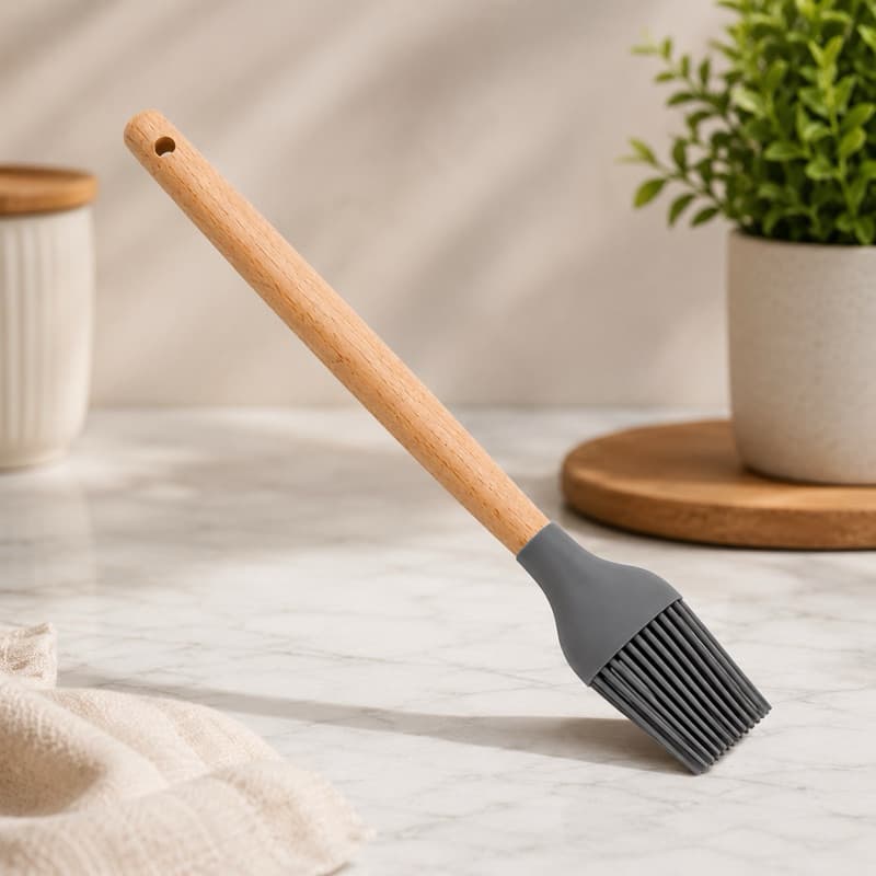 Pincel Culinário de Silicone Cinza com Cabo de Madeira 27cm