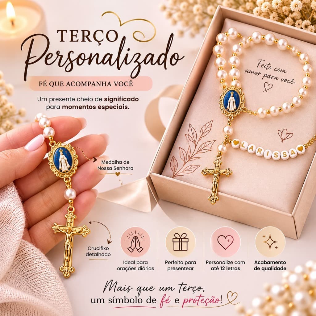 Terço Católico Personalizado Com Nome Feminino e Masculino Rosario Catolico
