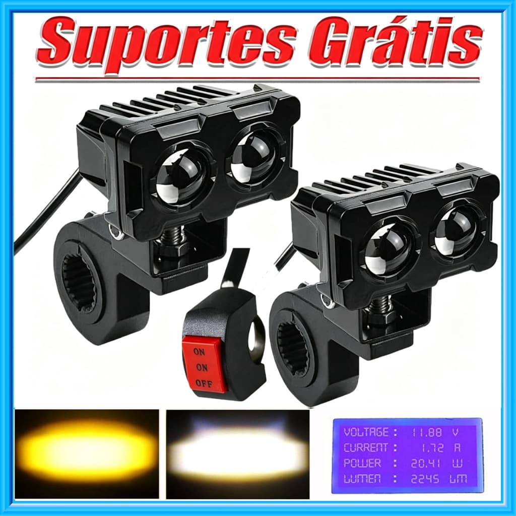 2 Unidades Farol Auxiliar de LED para Motocicleta 60W com Lente Dupla, Luz de Neblina Dupla e Duas Cores (com suporte)