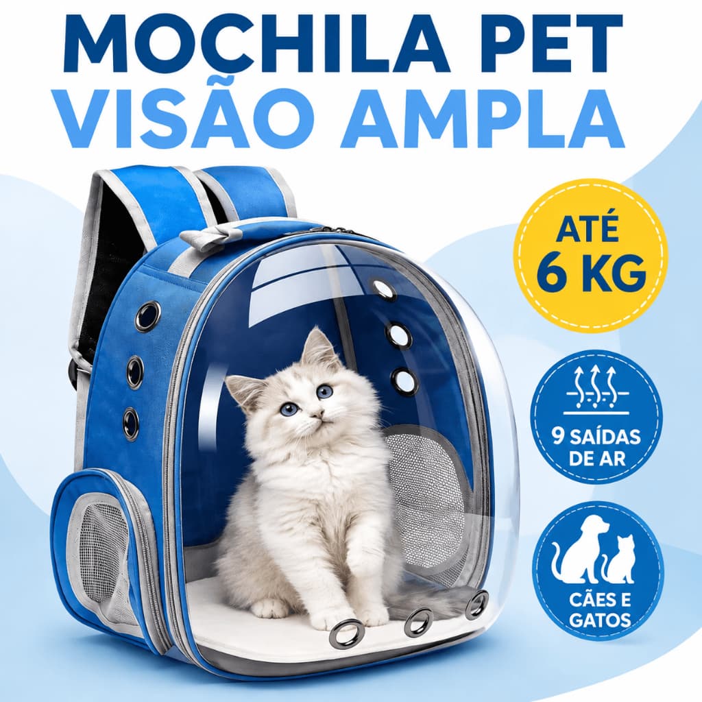 Mochila de Transporte Pet Azul para Cães e Gatos até 6kg com Visor Transparente e Ventilação