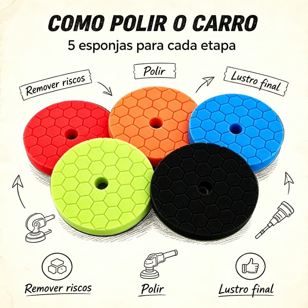 Kit 5 Esponjas de Polimento Automotivo Boinas Esponjas Hexagonais para Politriz Corte Refino e Lustro Multicores