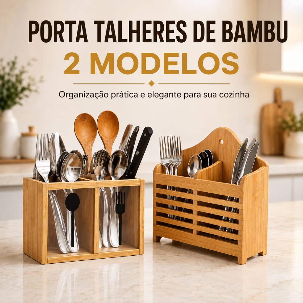 Porta Talheres de Bambu Organizador de Cozinha com Visor Acrílico e Divisórias Resistente e Sustentável Madeira