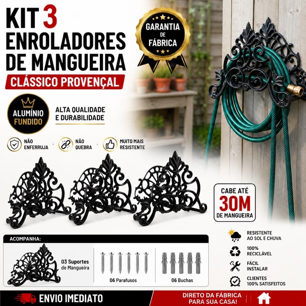 Kit 3 Suporte Enrolador Mangueira Jardim Clássico preto