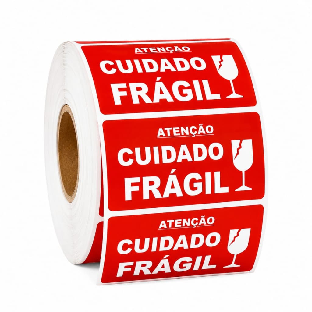 Kit 1, 2, 3 Rolos Etiquetas Cuidado Frágil 6x4 cm Adesivas Embalagem Proteção Ecommerce Caixas Envio