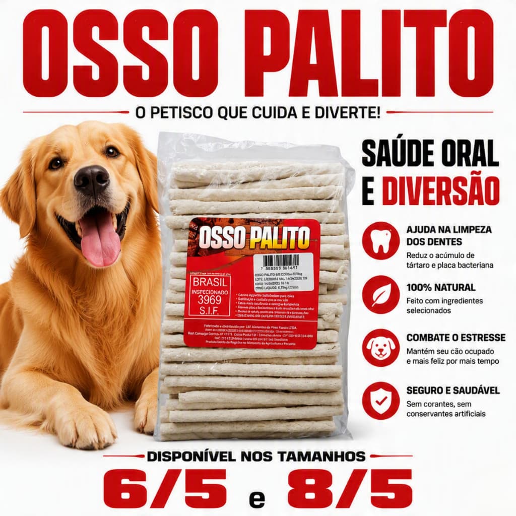 Osso Palito 1kg Canino Ossinho Petisco Paladar branco colorido todos os tamanhos natural