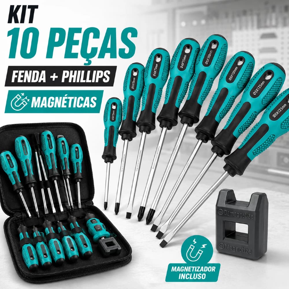 Jogo Chaves de Fenda e Phillips 10 Peças Profissional Magnética e Isoladas Ferramentas Duráveis em Sacola de Transporte