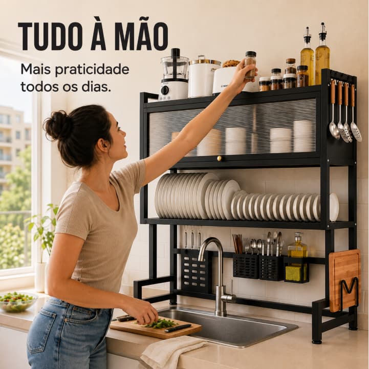 Escorredor de Louças Grande Sobre Pia Organizador de Cozinha com Porta Pratos e Talheres