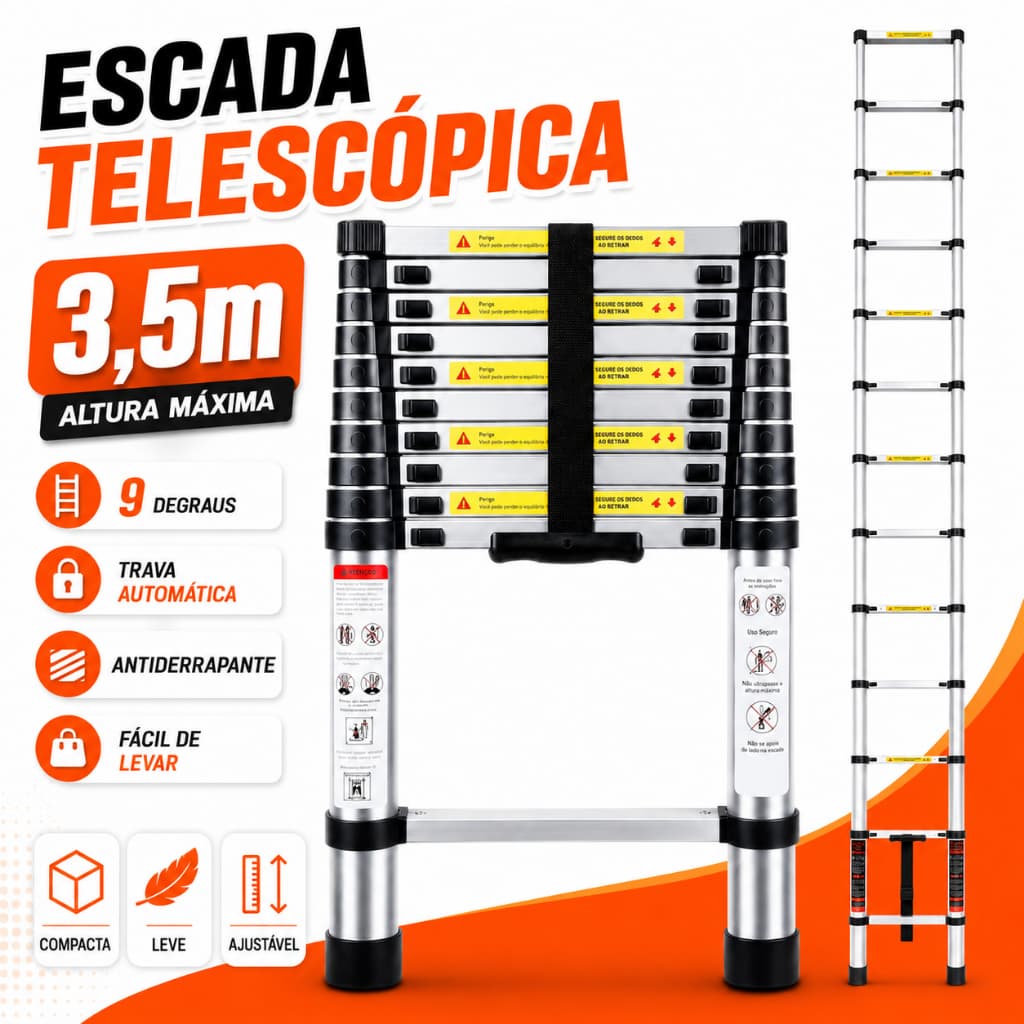 Escada Telescópica 3,5m 9 Degraus em Alumínio Extensível Retrátil Portátil Antiderrapante