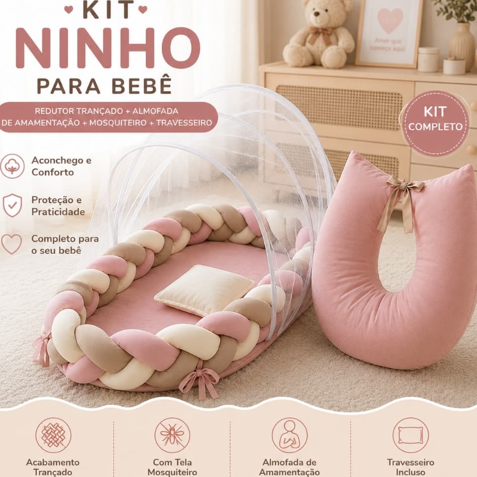 Kit Almofada Amamentação + Ninho Redutor Berço Trançado Bebês RN C/ Tela Mosquiteiro e Travesseiro