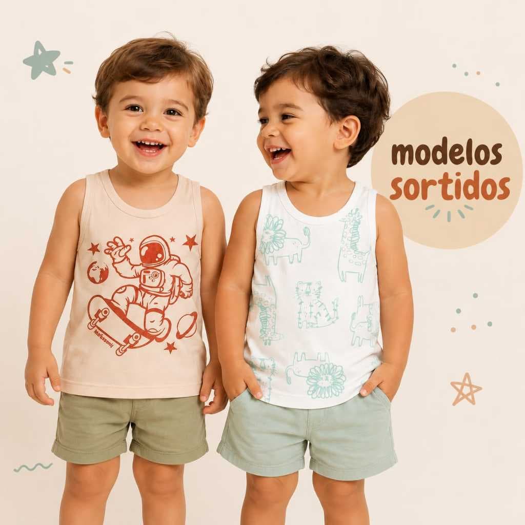 Kit 2 Camiseta Regata Estampada Bebê Menina e Menino
