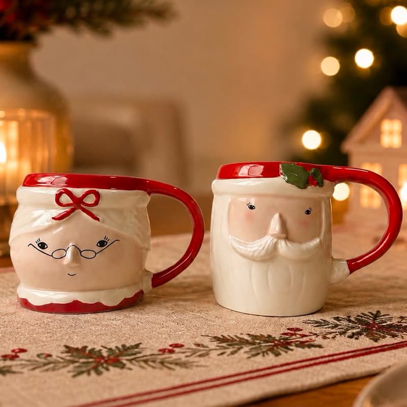 Caneca De Papai Noel 350ml Xícara De Porcelana De Natal Mamae Noel e Rosto Papai Noel Divertido