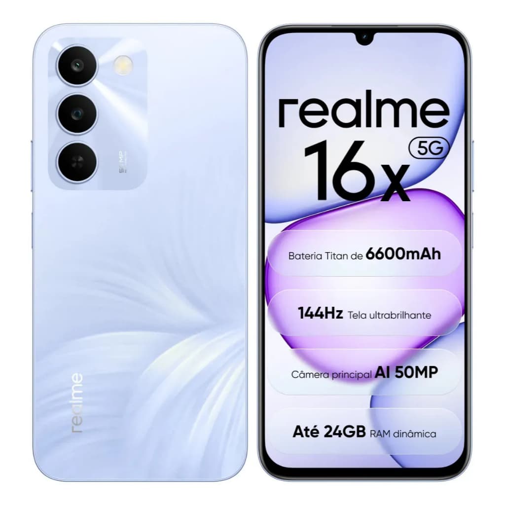 Smartphone realme 16x 5G Smartphone 7000mAh Resistente a Quedas 1,8m Tela 144Hz 50MP Dual SIM Novo