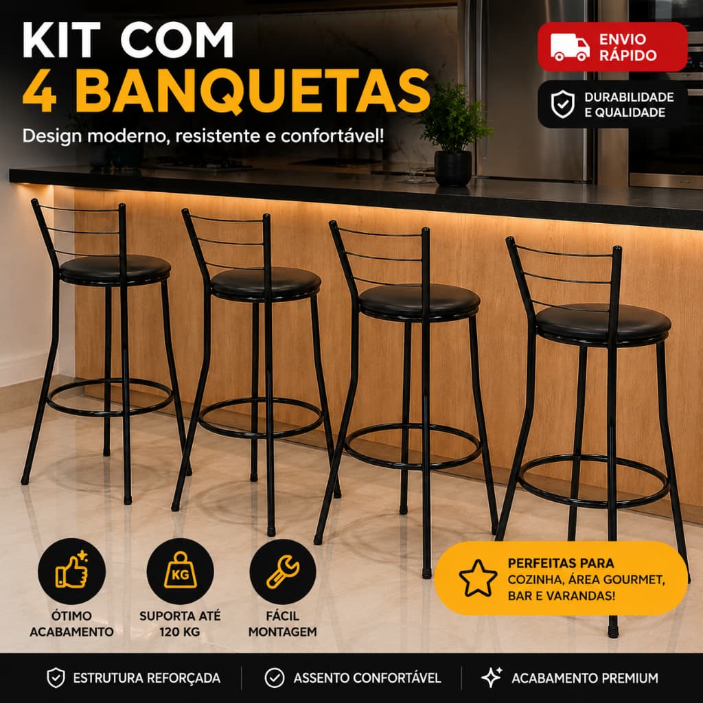 Jogo 4 Banquetas Banco Alto Para Bancada Balcão Flex Americana Area Cozinha Gourmet